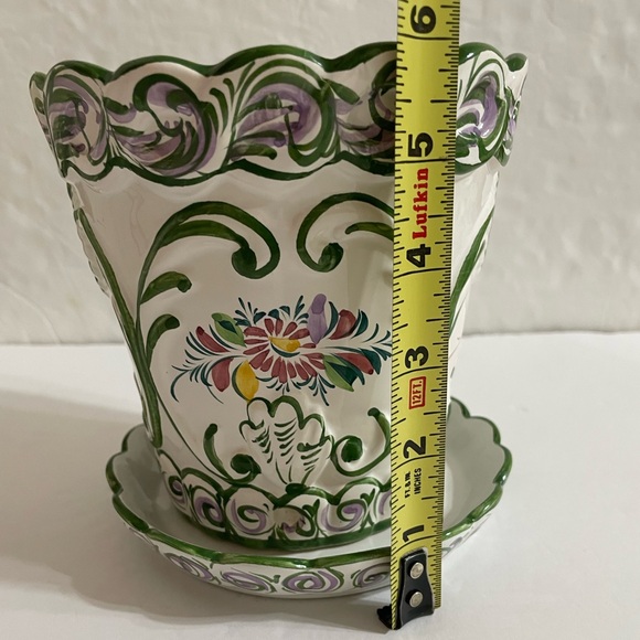 Vintage RCCL Portugal Hand Painted Floral Ceramic Green On White Flower Pot - Picture 11 of 13